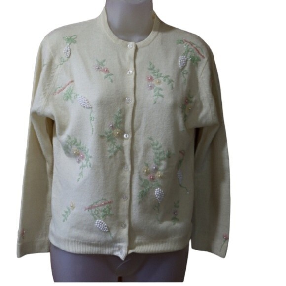 Vintage Marchesa Cream Beaded Floral Feminine Modest Soft Girl Cardigan Sweater - Picture 1 of 16